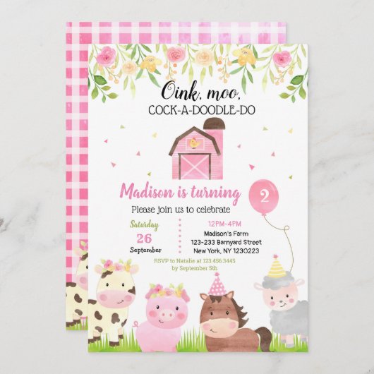 ファームアニマルズバースデーパーティ招待状ガール 招待状 (正面/裏面)
