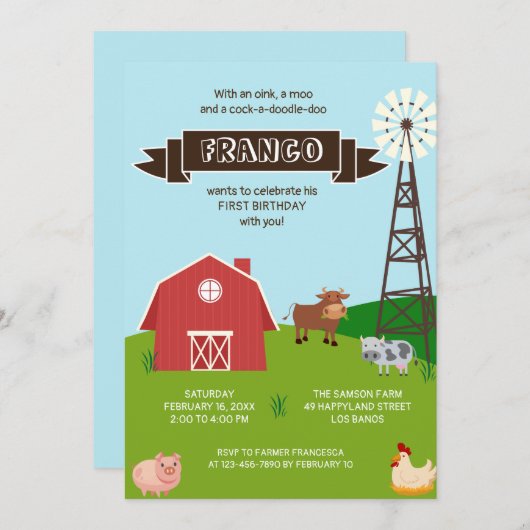 ファームアニマルズバーンハウス誕生日招待状 招待状 (正面/裏面)