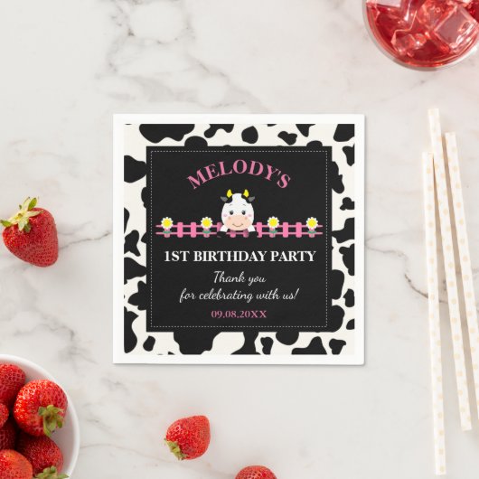 ファームアニマルズピンクカウズ納屋周囲の庭1st誕生日パーティー スタンダードカクテルナプキン (インサイチュ)