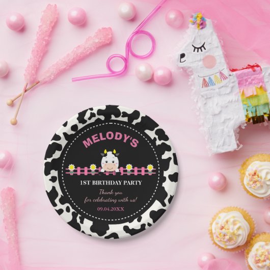 ファームアニマルズピンクカウズ納屋周囲の庭1st誕生日パーティー ペーパープレート (パーティー)