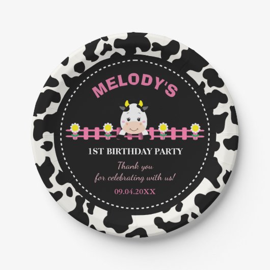 ファームアニマルズピンクカウズ納屋周囲の庭1st誕生日パーティー ペーパープレート (正面)