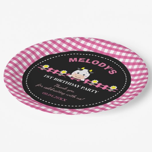 ファームアニマルズピンクカウズ納屋周囲の庭1st誕生日パーティー ペーパープレート (アングル)