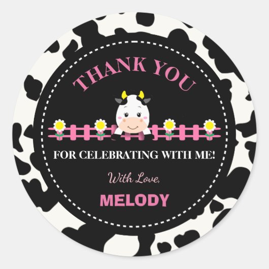 ファームアニマルズピンクカウズ納屋周囲の庭1st誕生日パーティー ラウンドシール (正面)