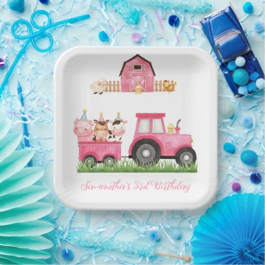 ファームアニマルズピンクガール納屋周囲の庭誕生日パーティー ペーパープレート (パーティー)