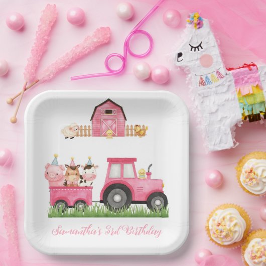 ファームアニマルズピンクガール納屋周囲の庭誕生日パーティー ペーパープレート (パーティー)