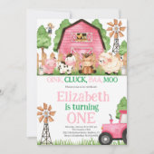 ファームアニマルズピンクガール納屋周囲の庭誕生日パーティー 招待状 (正面)