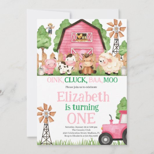 ファームアニマルズピンクガール納屋周囲の庭誕生日パーティー 招待状 (正面)