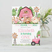ファームアニマルズピンクガール納屋周囲の庭誕生日パーティー 招待状 (スタンド正面)
