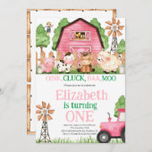 ファームアニマルズピンクガール納屋周囲の庭誕生日パーティー 招待状 (正面/裏面)