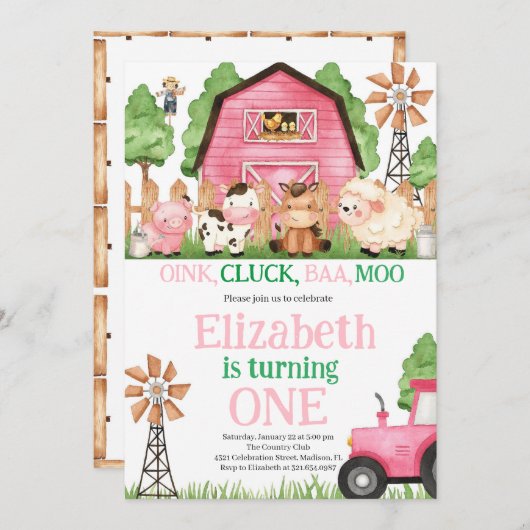 ファームアニマルズピンクガール納屋周囲の庭誕生日パーティー 招待状 (正面/裏面)