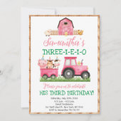 ファームアニマルズピンクガール納屋周囲の庭誕生日パーティー 招待状 (正面)