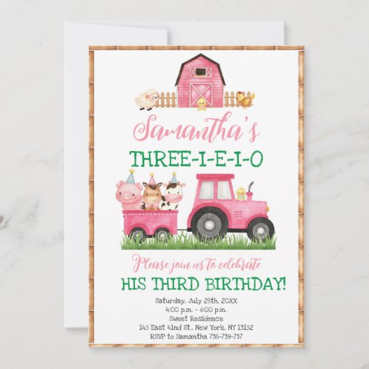 ファームアニマルズピンクガール納屋周囲の庭誕生日パーティー 招待状 (正面)