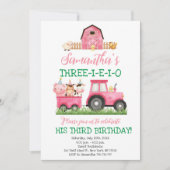 ファームアニマルズピンクガール納屋周囲の庭誕生日パーティー 招待状 (正面)