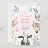 ファームアニマルズピンクガール納屋周囲の庭誕生日パーティー 招待状 (正面)