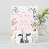 ファームアニマルズピンクガール納屋周囲の庭誕生日パーティー 招待状 (スタンド正面)