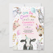 ファームアニマルズピンクガール納屋周囲の庭誕生日パーティー 招待状 (正面)