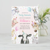 ファームアニマルズピンクガール納屋周囲の庭誕生日パーティー 招待状 (スタンド正面)