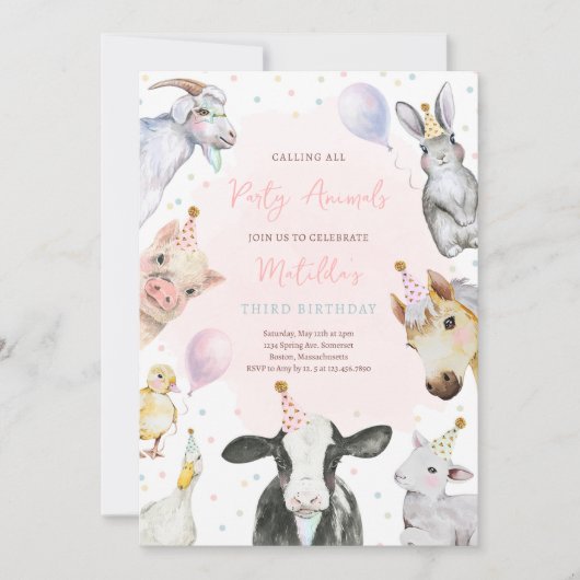 ファームアニマルズピンクガール納屋周囲の庭誕生日パーティー 招待状 (正面)