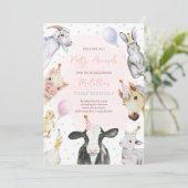 ファームアニマルズピンクガール納屋周囲の庭誕生日パーティー 招待状 (スタンド正面)