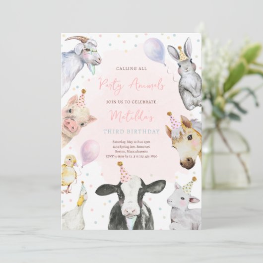ファームアニマルズピンクガール納屋周囲の庭誕生日パーティー 招待状 (スタンド正面)