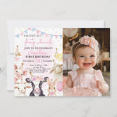 ファームアニマルズピンクガール誕生日写真招待状 サンキューカード (正面)