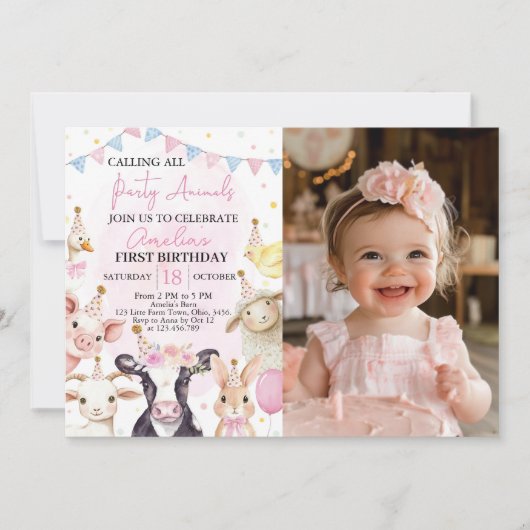 ファームアニマルズピンクガール誕生日写真招待状 サンキューカード (正面)