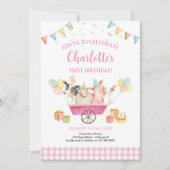 ファームアニマルズピンクジンガムガールファースト誕生日 招待状 (正面)