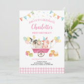 ファームアニマルズピンクジンガムガールファースト誕生日 招待状 (スタンド正面)