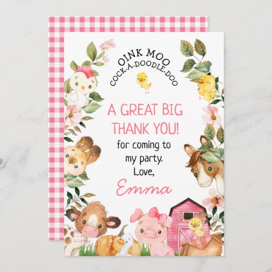 ファームアニマルズピンクバーン誕生日サンキューカード 招待状 (正面/裏面)