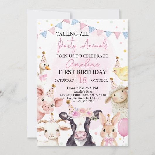 ファームアニマルズピンク納屋周囲の庭ガールファースト誕生日 招待状 (正面)