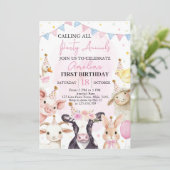 ファームアニマルズピンク納屋周囲の庭ガールファースト誕生日 招待状 (スタンド正面)