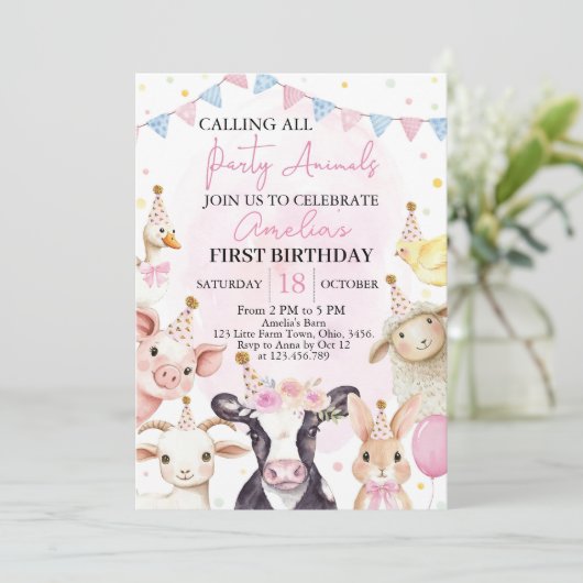 ファームアニマルズピンク納屋周囲の庭ガールファースト誕生日 招待状 (スタンド正面)
