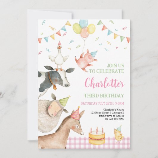 ファームアニマルズピンク納屋周囲の庭ガール誕生日3日 招待状 (正面)