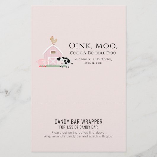ファームアニマルズピンク誕生日キャンディバーラッパ (正面)
