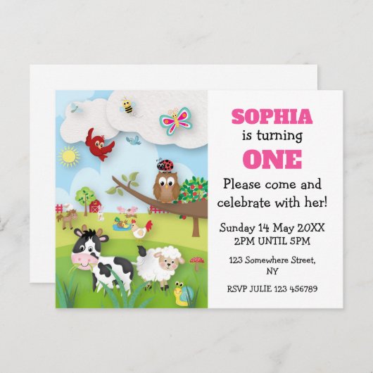 ファームアニマルズファースト誕生日招待状 ポストカード (正面/裏面)
