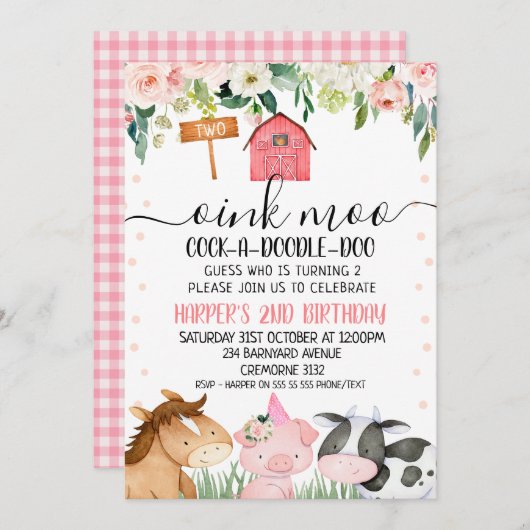 ファームアニマルズフローラ2nd誕生日招待状 招待状 (正面/裏面)