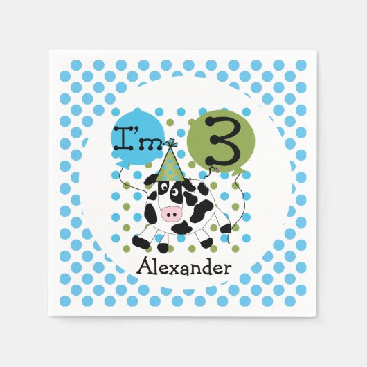 ファームアニマルズブルーカウサードバースデー紙ナプキンス スタンダードカクテルナプキン (正面)