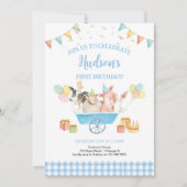 ファームアニマルズブルーギンガムボーイガールファースト誕生日 招待状 (正面)