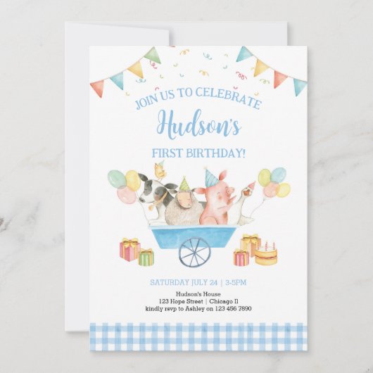 ファームアニマルズブルーギンガムボーイガールファースト誕生日 招待状 (正面)