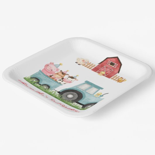 ファームアニマルズブルーボーイ納屋周囲の庭誕生日パーティー ペーパープレート (傾斜あり)