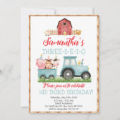 ファームアニマルズブルーボーイ納屋周囲の庭誕生日パーティー 招待状 (正面)