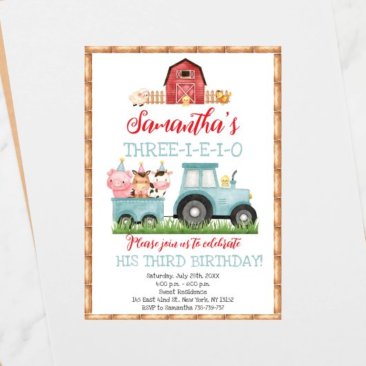 ファームアニマルズブルーボーイ納屋周囲の庭誕生日パーティー 招待状