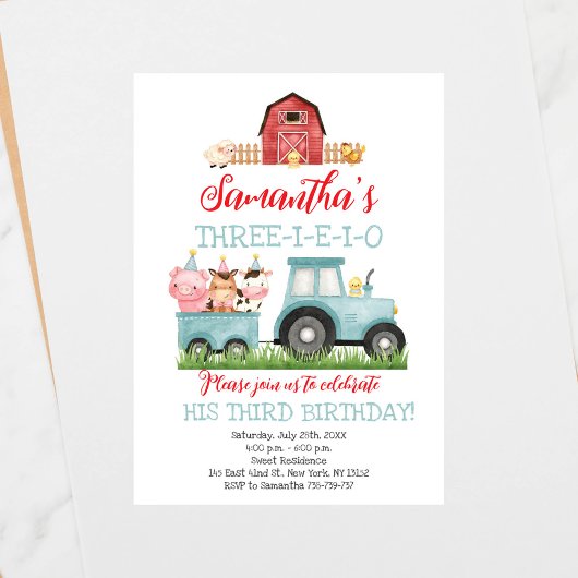 ファームアニマルズブルーボーイ納屋周囲の庭誕生日パーティー 招待状