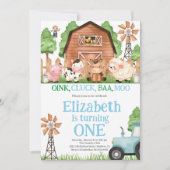 ファームアニマルズブルーボーイ納屋周囲の庭誕生日パーティー 招待状 (正面)