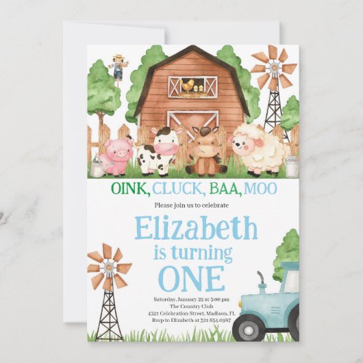 ファームアニマルズブルーボーイ納屋周囲の庭誕生日パーティー 招待状 (正面)