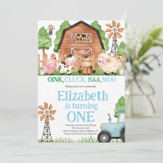 ファームアニマルズブルーボーイ納屋周囲の庭誕生日パーティー 招待状 (スタンド正面)