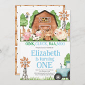 ファームアニマルズブルーボーイ納屋周囲の庭誕生日パーティー 招待状 (正面/裏面)