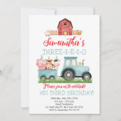 ファームアニマルズブルーボーイ納屋周囲の庭誕生日パーティー 招待状 (正面)