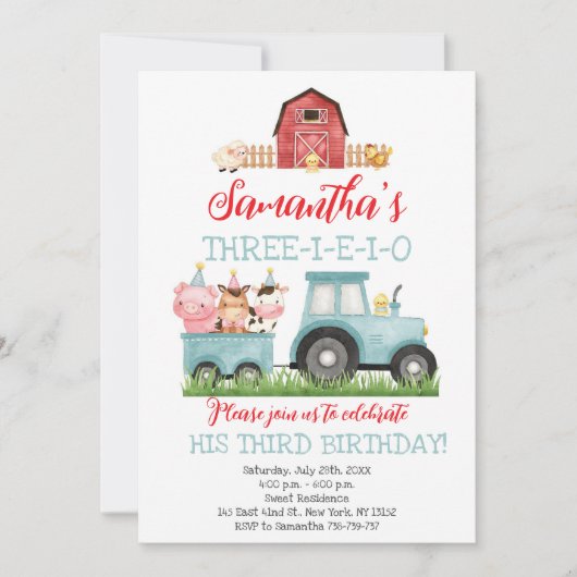 ファームアニマルズブルーボーイ納屋周囲の庭誕生日パーティー 招待状 (正面)
