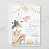 ファームアニマルズブルー納屋周囲の庭ガールボーイ男の子の誕生日3 招待状 (正面)